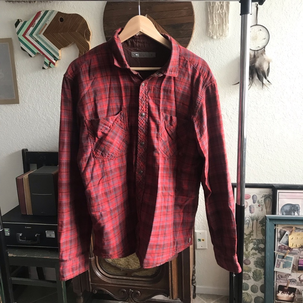 REI Red & Gray Plaid Button Down